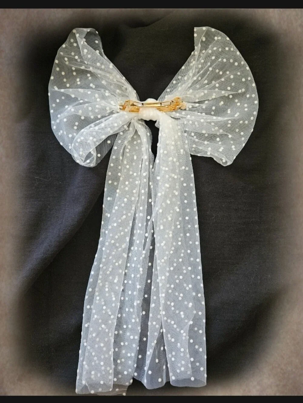 White Polka Dot Tulle Hair Bow